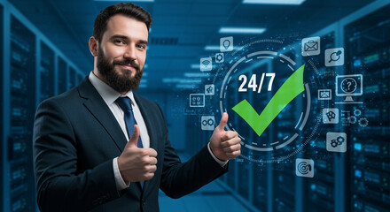 Confident businessman giving thumbs up with 24/7 support icon and servers, symbolizing reliable IT solutions and constant availability.