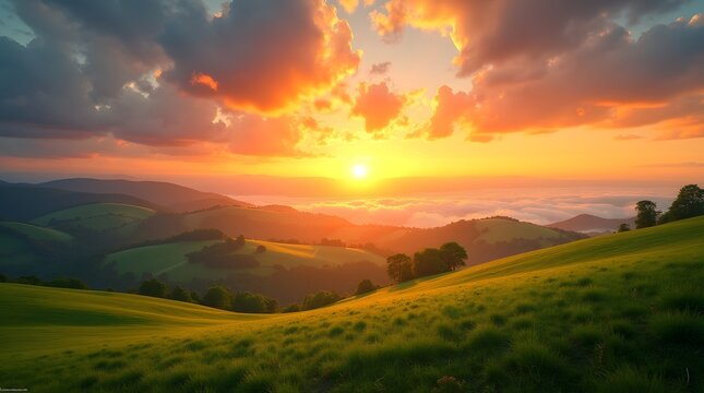 Breathtaking sunset over rolling hills, casting a warm glow on the lush green fields.