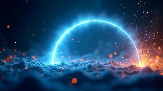 A glowing blue arc emerges from a surreal landscape, captivating the viewer with its mystic aura.