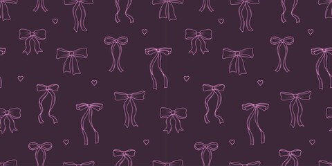 Seamless pattern coquette bow pink. Background Bows and ribbons for hair decoration, celebration party items, gift packaging, present cards and luxury wrap pack.