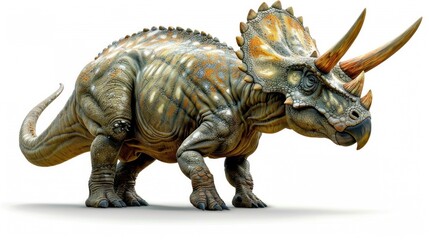 A triceratops stands proudly, showcasing its colorful skin in a prehistoric setting
