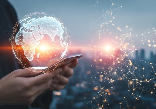 Person holding a smartphone displaying a glowing digital globe with connections and city skyline background - Powered by Adobe