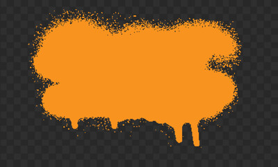 Orange spray paint splatter with drips on transparent checkered background.
