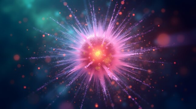Vibrant abstract rendering of a radiant energy sphere emanating glowing particles in shades of pink and purple.