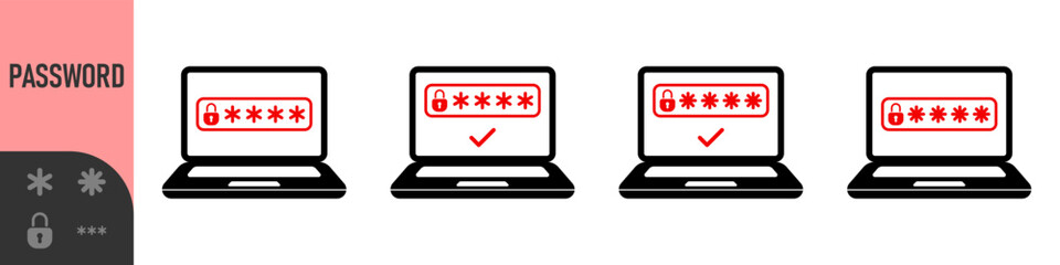 Two steps authentication icon. Verification or sms with code message confirmation for account login. Multi-factor authentication verification code. Laptop password verification or sms with push code 