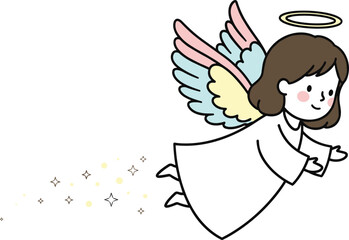 Cute flying angel illustration with colorful pastel wings, glowing halo and magical sparkles in a charming minimal vector styleCute flying angel illustration with colorful pastel wings, glowing halo a