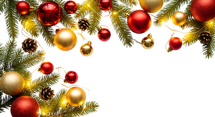 Corner Frame of Red and Gold Christmas Baubles with Pine Sprigs

