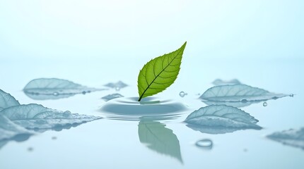 A vibrant green leaf floating on calm water amidst scattered water droplets and soft, blurred leaves.