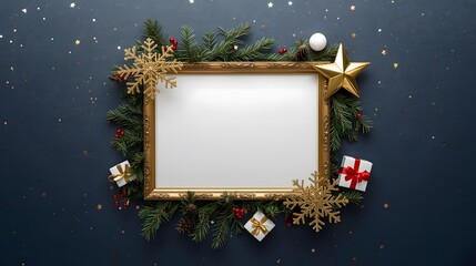 Rectangular gold photo frame on a dark blue background, surrounded by festive decorations. The frame is decorated with pine branches with red berries, golden snowflakes, a golden star and small white 