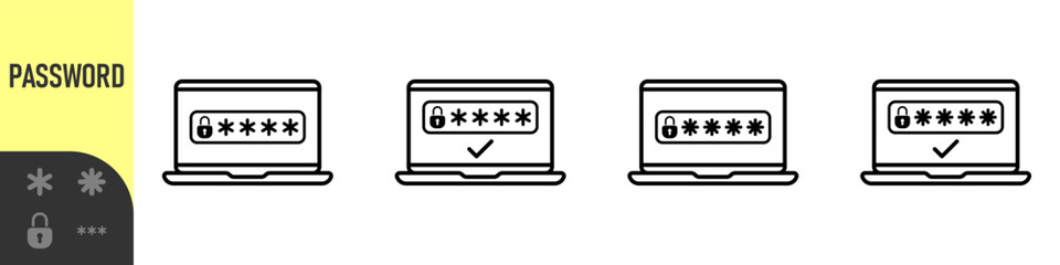 Two steps authentication icon. Verification or sms with code message confirmation for account login. Multi-factor authentication verification code. Laptop password verification or sms with push code 