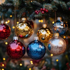 Shiny Christmas balls in red, gold, blue and silver colors hang from spruce branches decorated with red berries. The decorations reflect the surrounding light, creating a festive glow against a blurre
