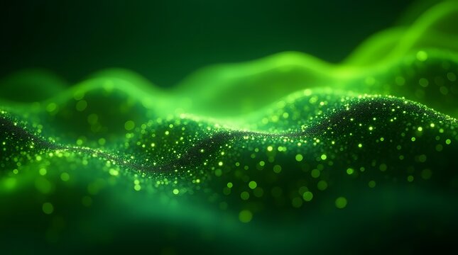 A mesmerizing abstract landscape of shimmering green waves with sparkling particles, evoking a sense of tranquility and wonder.
