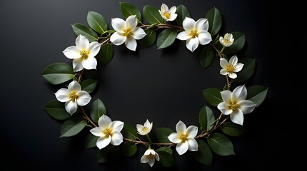 A delicate wreath of white flowers and green leaves arranged on a dark background, creating an elegant and serene atmosphere.