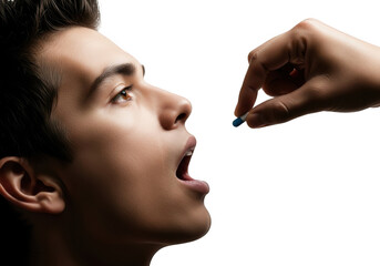 Obraz premium Person receiving a pill isolated on transparent background