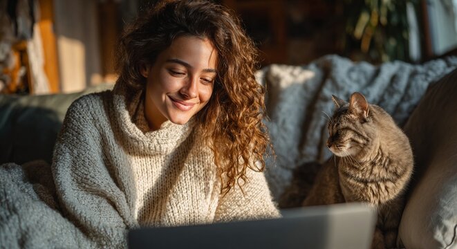 Smiling woman in chunky knit sweater using laptop on sofa with her cat cozy authentic lifestyle at home