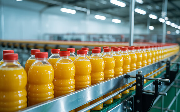 Numerous orange juice bottles on a conveyor belt beverage production