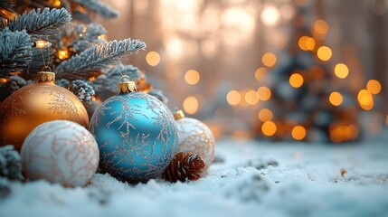 Colorful Christmas balls are lying by the Christmas tree