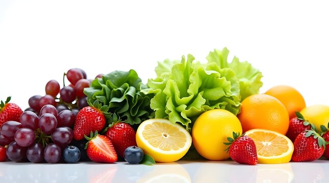 An assortment of fresh fruits and vegetables including grapes, lettuce, lemons, oranges, and strawberries on a clean surface. - Powered by Adobe