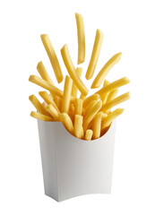 Golden fries spilling from white carton isolated on a transparent background