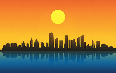 Obraz premium Cityscape skyline at sunset with reflection buildings skyscrapers 