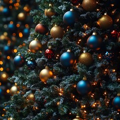 The Christmas tree is decorated with colorful trinkets of blue, gold and red colors.