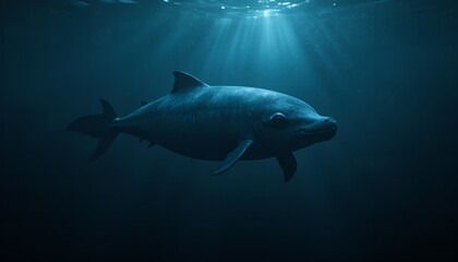 Fototapeta premium ​A dramatic and slightly ominous underwater image of a dolphin or porpoise swimming in deep, dark blue water