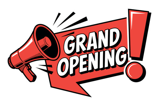 A megaphone announces a grand opening with a bold exclamation mark, symbolizing excitement and new beginnings.