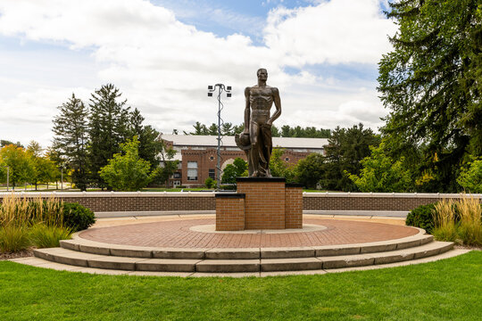 East Lansing, MI, USA - August 29, 2025: Michigan State University is a public research university that was founded in 1855. MSU's Spartan statue mascot.