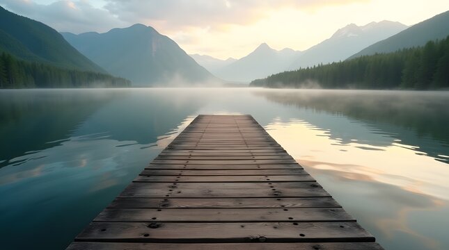 A serene sunset reflects on a tranquil lake, viewed from a wooden dock surrounded by misty mountains.