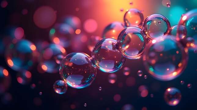 Colorful soap bubbles floating gracefully against a vibrant, dreamy background filled with soft glows.