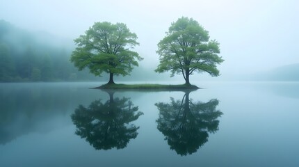 Serene landscape featuring two lush green trees reflecting in a tranquil lake surrounded by fog.