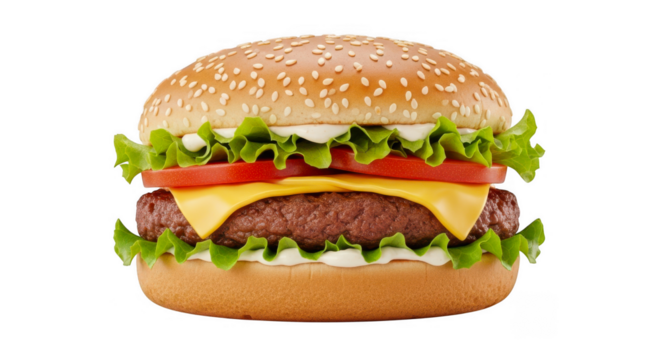 Delicious gourmet beef burger with melted cheese lettuce and tomato isolated on transparent background