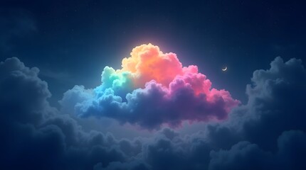 A vibrant, multicolored cloud glows against a starry night sky, emitting a dreamy and ethereal aura.