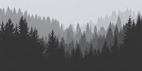Black And White Silhouette Of A Dense Pine Forest With Layers Of Evergreen Trees Creating Depth And Foggy Atmosphere, Perfect For Environmental Or Design Backgrounds