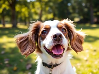 Playful spaniel dog with floppy ears outdoors in sunlit park,  cocker,  furry