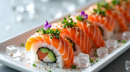 Delicious sushi rolls topped with fresh salmon and garnished with herbs and flowers.
