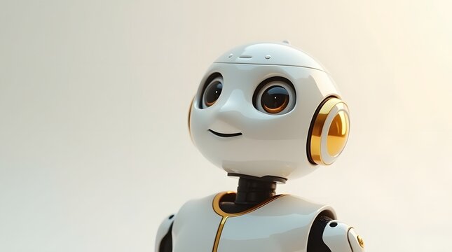 A friendly-looking humanoid robot with large expressive eyes and golden accents, showcasing an inviting design.