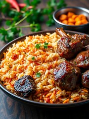 Spiced rice and succulent lamb, the classic Saudi mandi, a flavorful centerpiece for any gathering,  dinner,  gastronomy