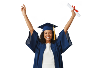 Joyful young woman in academic regalia celebrates graduation day holding diploma with arms raised high isolated on transparent background