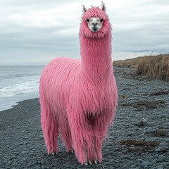 Fototapeta premium A stunning pink alpaca poses on a rocky shoreline with waves gently lapping nearby