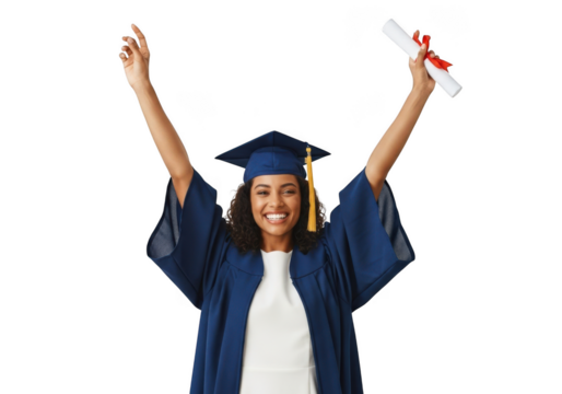Joyful young woman in academic regalia celebrates graduation day holding diploma with arms raised high isolated on transparent background - Powered by Adobe