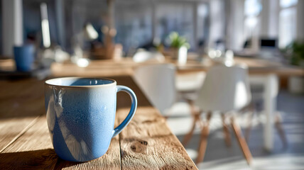 A blue ceramic mug sits on a rustic wooden table in a bright, airy room. The focus is on the mug's texture and the light.