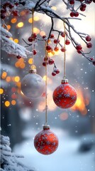 There are Christmas toys hanging on the snow-covered branches