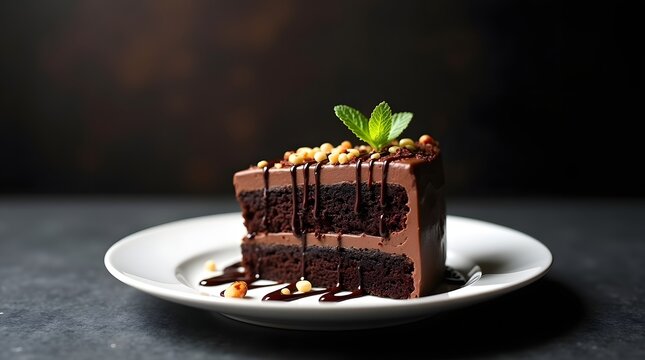 Indulgent chocolate cake slice topped with mint leaves and drizzled with chocolate sauce.