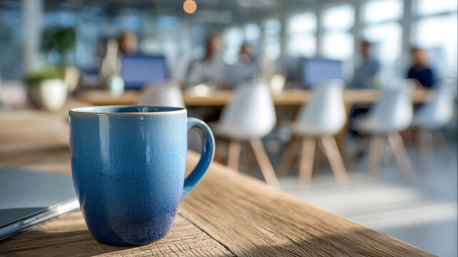 Blue coffee cup on wood table with a modern office background where people are working on their laptop. Start your day with a cup of coffee - Powered by Adobe