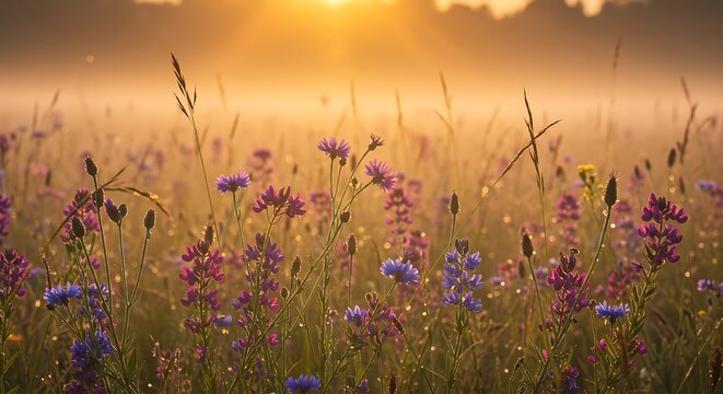 Sunrise over a vibrant wildflower meadow, capturing the essence of nature's beauty and tranquility