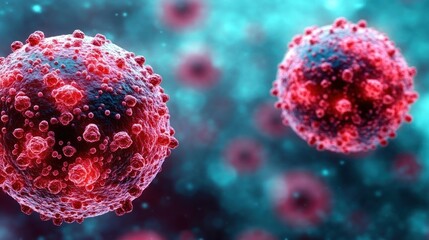 Colorful viral particles float in a vibrant blue green background