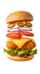 Delicious crispy chicken burger with fresh lettuce tomato onion cheese pickles isolated on transparent background