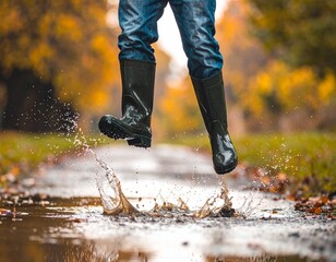 AI Generated - A man in wellies jumping into a puddle on an Autumnal day