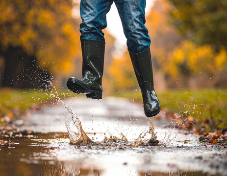AI Generated - A man in wellies jumping into a puddle on an Autumnal day